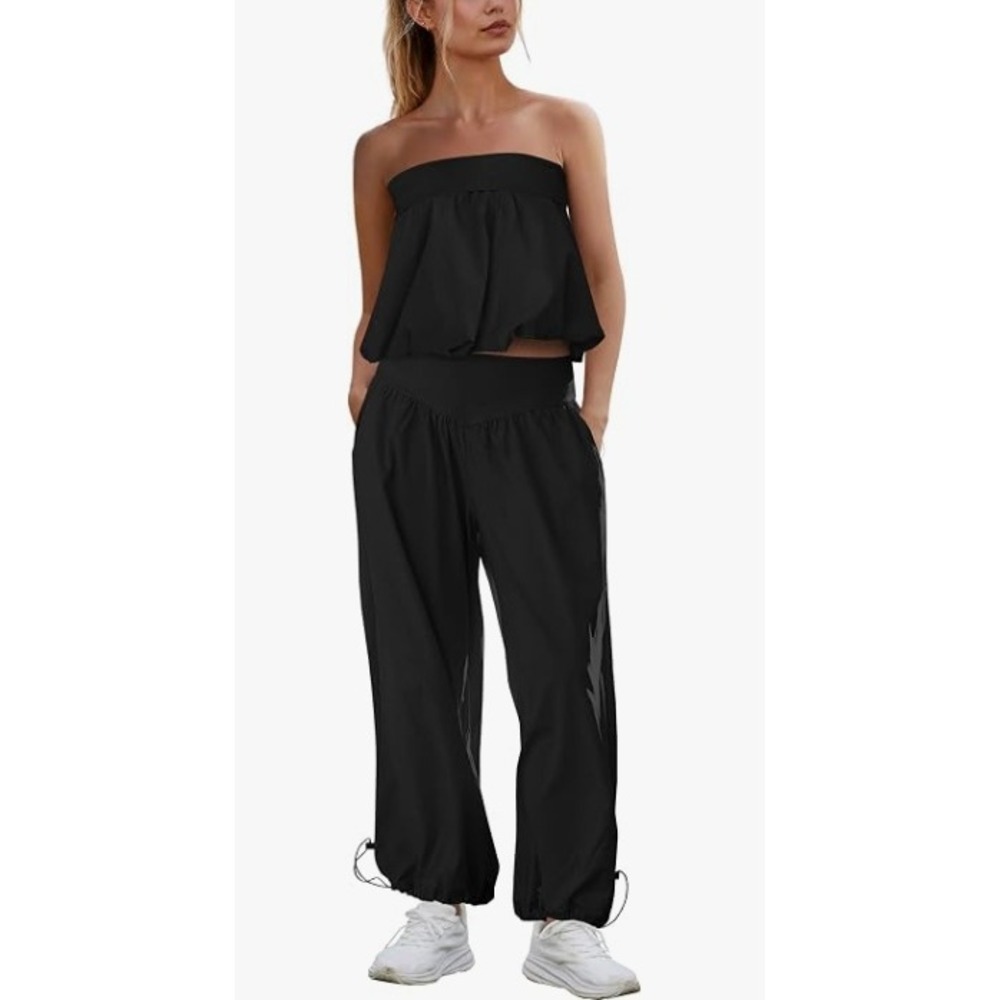 SENSERISE Pants Set 2 Piece Lounge Strapless Tube Top Joggers L Black Ruffle